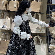 蘭威費雷單、兩法式復古玫瑰印花連衣裙女春秋季新款背帶裙中長(cháng)款裙子 【套裝】連衣裙+白色襯衫 XL 【110-120斤】