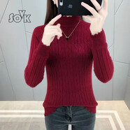 SOVK加絨加厚紅色毛衣女秋冬季新款保暖長袖半高領(lǐng)修身針織打底衫 酒紅 XL 建議110-120斤