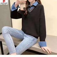 皮爾卡丹（pierre cardin）假兩件拼接牛仔布襯衫領(lǐng)毛衣女秋冬時尚針織寬松套頭大尺碼百搭女 黑色牛仔領(lǐng) L
