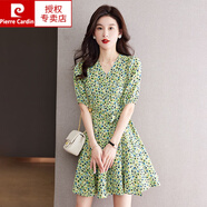 皮爾卡丹（pierre cardin）小個子桑蠶絲碎花中裙v領(lǐng)系帶高腰氣質(zhì)高真絲連衣裙新款夏 綠色 M