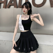 昏鏡 歐美時尚個性拼接撞色印花背心女外穿上衣女ins花邊女吊帶衫 黑色 S