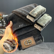 GUANGAN AEPE冬季加絨加厚牛仔褲男士潮流微寬松直筒褲修身百搭厚款哈倫小腳褲 加絨 黑色3 SD06212A加厚 32 適合體重140-149斤穿