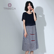 TRIBECA\/翠貝卡夏季新款女拼接條紋顯瘦連衣裙 深藍色 M