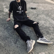楠語秋（NANYUQIU） FOG風格復古高街破洞牛仔褲長褲修身小腳牛仔褲男INS牛仔褲潮 黑色 褲腳有拉鏈 32 適合126-135斤