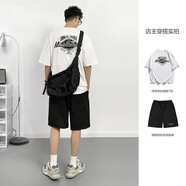 戎諾潮牌t恤男2023新款短袖夏季衣服上衣純棉寬松體恤套裝半袖打底衫 白色短袖+休閑短褲 S
