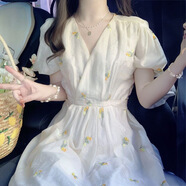 億梵莎（YIFANSHA）碎花連衣裙子女春秋2024新品法式溫柔風(fēng)高腰顯瘦夏季學(xué)生中長(zhǎng)裙 杏色 L建議110-120斤