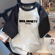 阿瑪瑟（amase）男士潮牌字母印花衣服港風(fēng)夏季短袖t恤ins百搭寬松半袖學(xué)生打底衫 插肩-黑灰 M