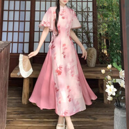 KAHTOP2025春夏新款法式中國風(fēng)旗袍改良仙女蕾絲連衣裙春秋超仙裙子YGW 優(yōu)雅印花國風(fēng)春桃紅 L