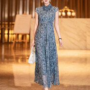 首尚格釋（SUSONGETH）端莊大氣連衣裙女2024年夏季新款時(shí)尚優(yōu)雅雪紡印花藍(lán)色立領(lǐng)大擺裙 藍(lán)色 L