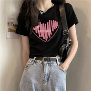 尚簡紛100%純棉夏季220g重磅網(wǎng)紅短款T恤女ins寬松百搭顯瘦短袖上衣女潮 DK36黑色【100%純棉】 M 90-105斤