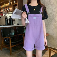 尚簡(jiǎn)紛 牛仔背帶短褲女夏新款寬松學(xué)生可愛(ài)五分日系闊腿顯瘦短款連體褲 背帶短褲-5563【紫色】 L