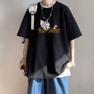 大魚界線日系潮牌短袖T恤男潮流ins情侶裝夏裝寬松上衣服男生印花圓領(lǐng)體恤 黑色(貓和老鼠) XL(130-145斤）