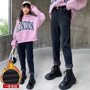諾逗熊女童加絨牛仔褲秋冬款2024新款童裝秋裝女大童秋季長(cháng)褲兒童褲子潮 一體絨煙管褲黑色 120