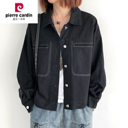 皮爾卡丹（pierre cardin）牛仔衣短款外套女春秋韓版寬松翻領(lǐng)長(zhǎng)袖夾克上衣休閑開衫 黑色 均碼