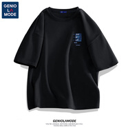 GENIOLAMODE短袖男士t恤純棉寬松美式潮流衣服男生半袖圓領(lǐng)正肩休閑夏季體恤 黑色(g夢幻水母胸標(biāo)) L (175)