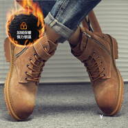 AOSENTU 馬丁靴男靴子男士真皮反絨雪地靴男中幫鞋男英倫復古工裝男鞋 棕色加絨3320 40