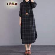 子牧棉麻秋裝 女文藝復(fù)古格子連衣裙中長款寬松顯瘦單排扣襯衫裙9909 綠格 XXL(建議140-155斤)