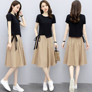 宜惜綺  棉麻連衣裙兩件套套裝裙2022夏季新款韓版女裝小個(gè)子中長(cháng)裙半身裙子女學(xué)生夏裝 卡其色 XL