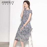Asmolly 夏季氣質(zhì)灰色碎花桑蠶絲中長(cháng)裙修身印花真絲連衣裙100%桑蠶絲 優(yōu)雅印花 M 160