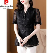 皮爾卡丹（pierre cardin）真絲襯衫女夏季新款遮肚子收腰顯瘦時(shí)尚洋氣氣質(zhì)小衫桑蠶絲上衣 黑色《時(shí)尚百搭別致歐貨漂亮氣質(zhì) 2XL (125-135斤)