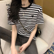 hk jack tao香港潮牌 春夏季愛心條紋t恤女短袖港風(fēng)新款減齡百搭寬松半袖上衣 黑白條紋 M 95-110斤