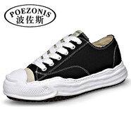 波佐斯（POEZONIS）男鞋夏季情侶男女款帆布鞋男潮流厚底面包鞋丑萌日系百搭休閑板鞋 黑色（男款） 37