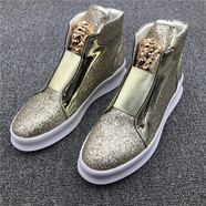 馬丁靴男短靴潮流高幫鞋亮面厚底樂(lè )福鞋45碼 46碼青年個(gè)性漆皮男發(fā)型師百搭休閑男鞋YDL P8333金色增高款 42