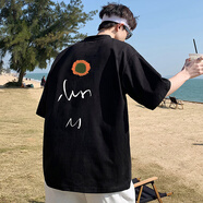 主意范短袖T恤男純棉夏季大碼潮牌青少年寬松印花五分袖T恤半袖體恤衫 WT150黑色 5XL 200-230斤