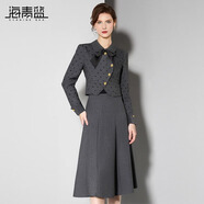 海青藍（CYANINE SEA）氣質(zhì)法式小香風套裝女2024秋冬新款蝴蝶結(jié)短外套高腰A字半身裙 灰色 M