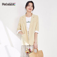 品彩 PinCai 2021年秋季韓版女裝純色中袖拼色CHIC百搭小西裝外套女 PW11DT259 黃色 均碼