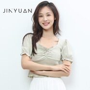 金苑（JINYUAN）短袖T恤女2023夏季新款方領(lǐng)泡泡設(shè)計(jì)感小眾短款上衣F232135 綠色 均碼