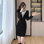 寸雅廣州十三行冬季韓版連衣裙秋冬新時(shí)尚氣質(zhì)重工鑲鉆鉆女彈力顯瘦女 5980黑色短款 S