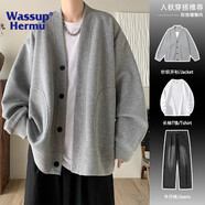 WASSUP HERMU官方外套男女春秋季大碼華夫格衛(wèi)衣男日系慵懶松弛風(fēng)針織開衫夾克 灰色 XL （推薦130-150斤）