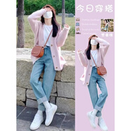 韓璐嬌（hanlujiao）2026春新款搭配一整套時(shí)尚多巴胺穿搭毛衣牛仔褲小個(gè)子秋冬套裝女 粉色毛衣+牛仔褲 M