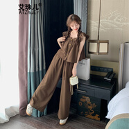艾珠兒（Aizhuer）休閑褲女裝2024夏季新款韓版復(fù)古休閑收腰上衣小眾闊腿褲套裝女潮 栗色 XL