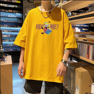 大魚界線ins超火的上衣服男ulzzang情侶裝夏裝短袖t恤男潮流學(xué)生班服原宿港風(fēng)bf半袖體恤打底衫 黃色 S(85-100斤）