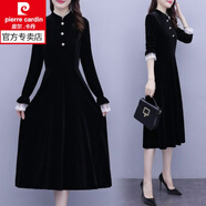 皮爾卡丹（pierre cardin）蕾絲拼接長(cháng)袖金絲絨連衣裙女春秋冬季新款收腰顯瘦中長(cháng)款黑色裙子 黑色 L
