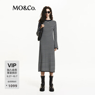 MO&Co.連衣裙綿羊毛山羊絨輕暖黑白條紋喇叭袖收腰針織裙摩安珂 白黑條色 M 165