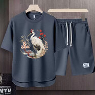 賓裕狼休閑運動(dòng)套裝男2025夏季男士中國風(fēng)男裝短袖T恤短褲兩件套整裝 灰色 3XL （建議150-170斤）