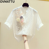 OVMATTU輕奢潮牌清新釘珠刺繡花朵V領(lǐng)短袖襯衫2022夏裝新款韓版時(shí)尚女休閑襯衣潮 白色 S