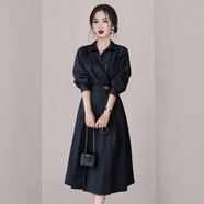 韓曼蕊女高端早春新款瑞麗V字翻領(lǐng)氣質(zhì)收腰顯瘦壓褶設計感長(cháng)袖連衣裙 深藍色 S