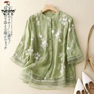 啄木鳥(niǎo)棉麻襯衫女2025年夏季新款文藝復古刺繡拼接歐根紗七分袖百搭上衣 綠色 2XL 【建議145-160斤】
