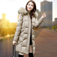 婉玫羽絨服女冬中長款新款冬季時尚大毛領加厚保暖外套寬松羽絨服顯瘦 卡其色【仿真貉子毛領】 M建議（105-115斤）