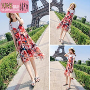 夏天沙灘裙矮小個(gè)子小大花連衣裙單/套裝 雪紡吊帶連衣裙女2022夏裝新款中長(cháng)款法國小眾兩 圖片套裝  T恤+吊帶裙 有內襯 2XL 建議；126-140