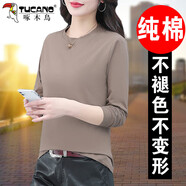 啄木鳥好棉長袖t恤女士2025新款春秋中年春秋寬松圓領打底衫 卡其 2XL 建議125-140斤