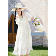 紫涵長(cháng)款泡泡袖連衣裙女夏季花朵刺繡純色度假風(fēng)裙子百搭 米金 M