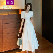 長裙子仙女連衣裙到腳踝學生高個子女裝170-175歐美韓版夏季法式方領白色收腰長裙短袖女領證初戀仙氣 白色 S