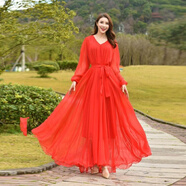 奈加圖（NAIJIATU）連衣裙雪紡超長(cháng)裙大擺春夏裙子氣質(zhì)海邊度假長(cháng)款及踝沙灘裙 紅色 XS 身高157以上，80-200斤