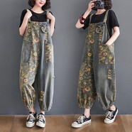 蘑菇同學(xué)減齡牛仔背帶褲女秋季寬松大碼印花小個子高腰束腳連體褲女九分褲 圖片色 L【建議125-145斤】