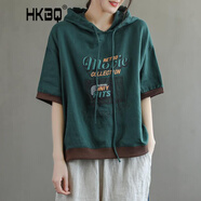 HKBQ 品質(zhì)輕奢潮牌棉連帽短袖衛(wèi)衣女夏薄款韓版印花寬松文藝民族風(fēng)洋氣女裝T恤 墨綠色 L 100-120斤